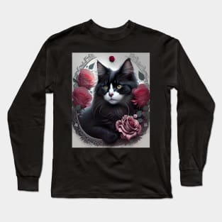 Cat with Roses - Modern digital art Long Sleeve T-Shirt